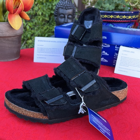 Birkenstock Shoes - New Arizona Shearling Black Suede Birkenstock Slides EU 38